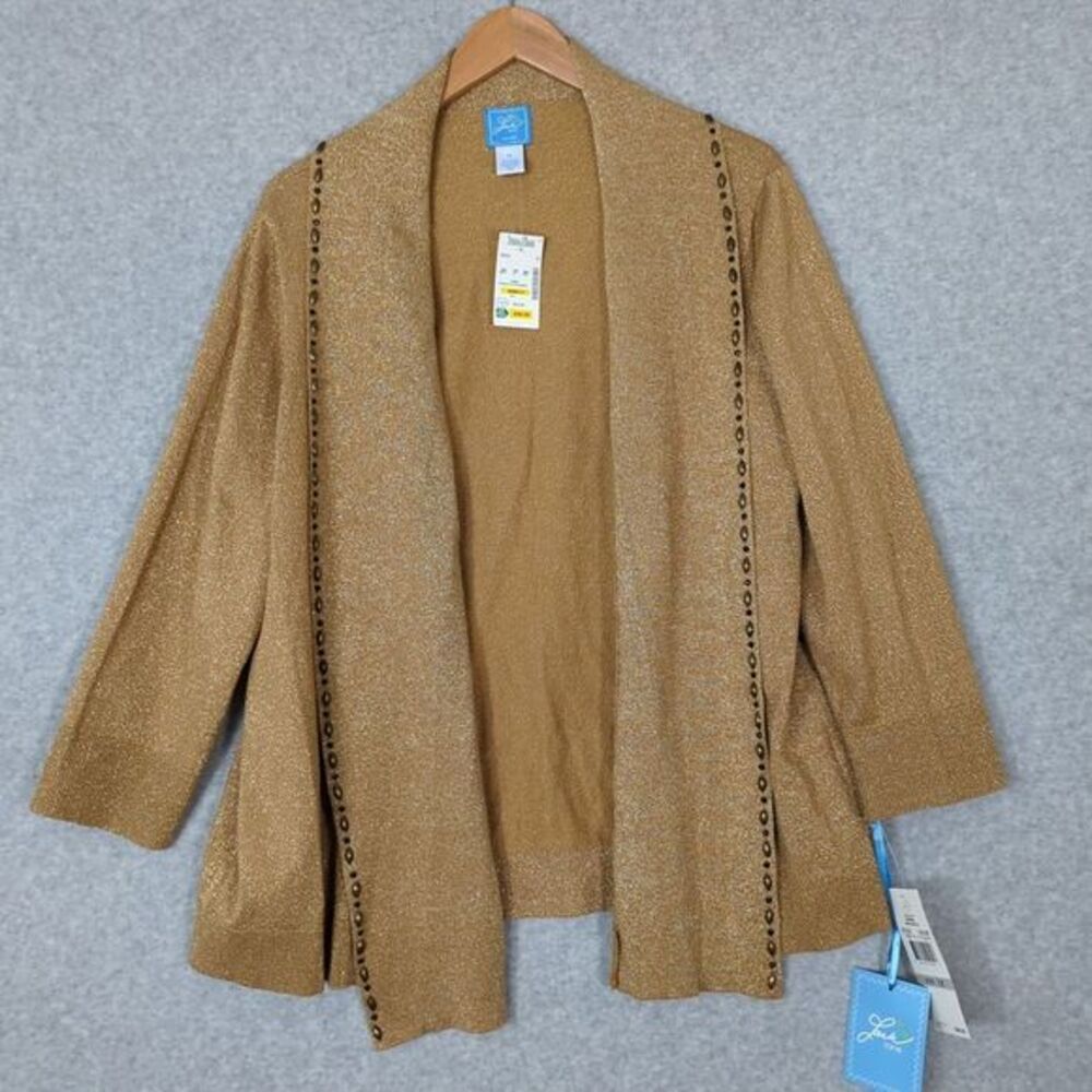 Lark Lane Lara Gold Shimmer Threads Studded Accent Cardigan‎ Sweater  1X Open